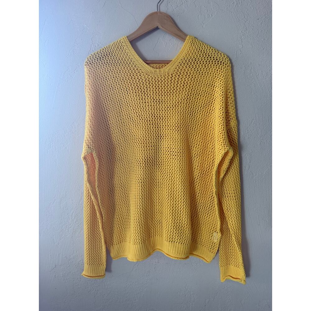 Yellow Open Knit XXL Lightweight Hooded Pullover Sheer Mesh Beach Cover Up - Picture 2 of 7
